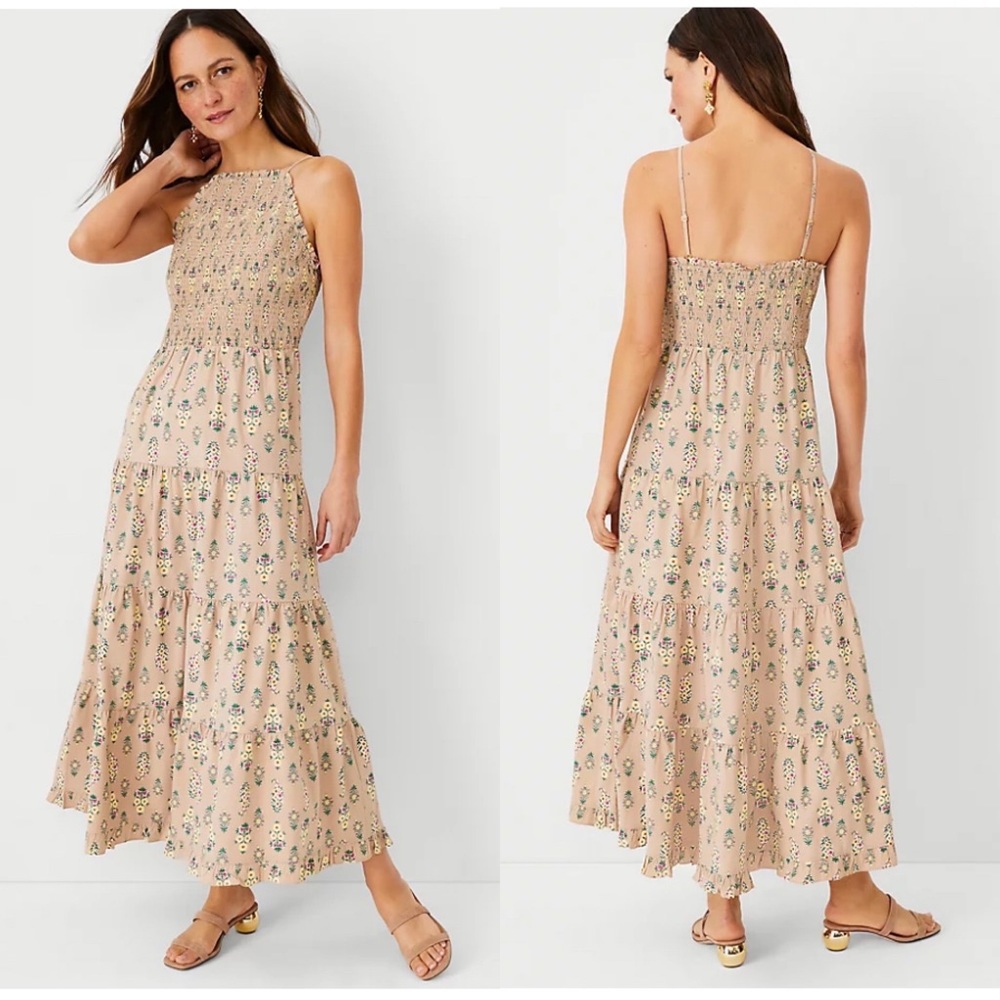 Ann Taylor Tiered High Neck Maxi Dress Smocked Floral Sleeveless Cotton NWT L